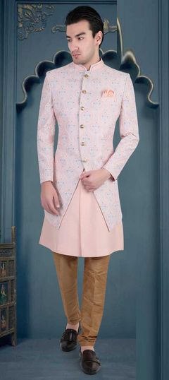 Pink and Majenta color IndoWestern Dress in Brocade fabric with Bugle Beads, Embroidered, Thread work
