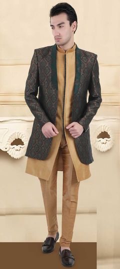 Blue color IndoWestern Dress in Brocade fabric with Weaving work