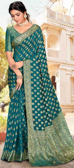 Blue color Saree in Art Silk, Silk fabric with Weaving work