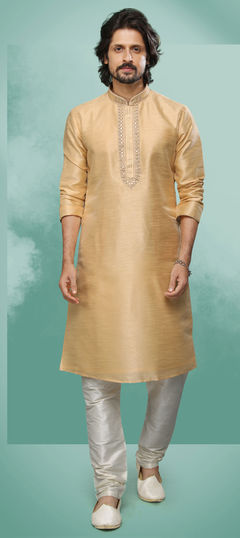 Beige and Brown color Kurta Pyjamas in Art Silk fabric with Embroidered, Mirror work