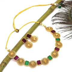 Gold Rodium Polish Green, Red and Maroon color Necklace in Brass studded with CZ Diamond