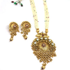 Gold Rodium Polish Green, Red and Maroon color Necklace in Brass studded with CZ Diamond