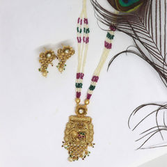 Gold Rodium Polish Green, Red and Maroon color Necklace in Brass studded with CZ Diamond