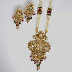Gold Rodium Polish Green, Red and Maroon color Necklace in Brass studded with CZ Diamond