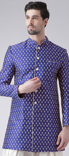 Blue color Kurta in Dupion Silk fabric with Weaving work