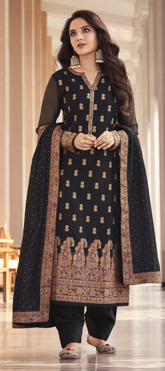 Black and Grey color Salwar Kameez in Jacquard fabric with Stone, Weaving work