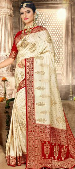 White and Off White color Saree in Art Silk, Silk fabric with Gota Patti, Stone, Weaving work