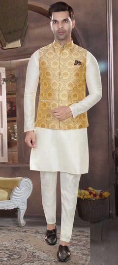 Beige and Brown color Kurta Pyjama with Jacket in Art Silk fabric with Weaving work