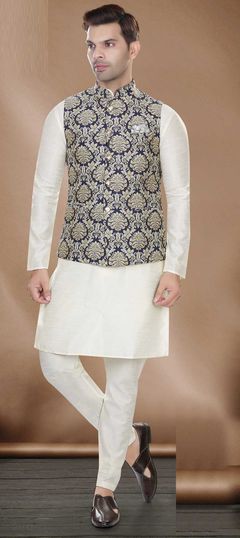 Beige and Brown color Kurta Pyjama with Jacket in Art Silk fabric with Weaving work