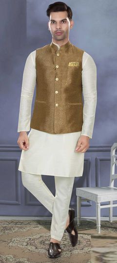 Beige and Brown color Kurta Pyjama with Jacket in Art Silk fabric with Weaving work