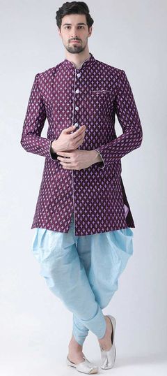 Purple and Violet color Dhoti Kurta in Dupion Silk fabric with Printed work