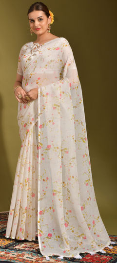 Casual White and Off White color Saree in Linen fabric with Classic Digital Print work : 1835082