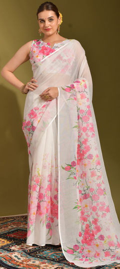 Casual White and Off White color Saree in Linen fabric with Classic Digital Print work : 1835094