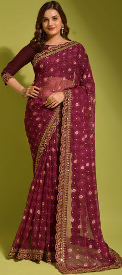 Purple and Violet color Saree in Georgette fabric with Border, Embroidered, Printed work