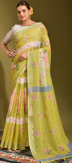 Yellow color Saree in Linen fabric with Printed work