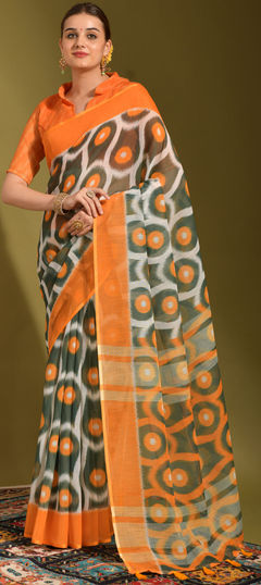 Orange color Saree in Linen fabric with Printed work