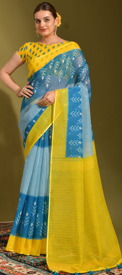 Blue color Saree in Linen fabric with Printed work