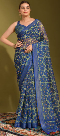 Blue color Saree in Linen fabric with Printed work