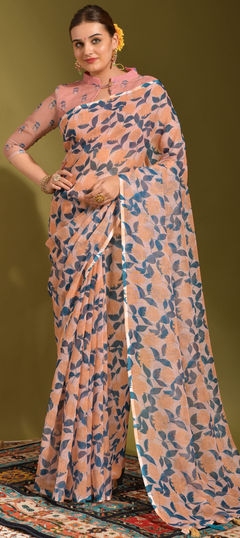 Beige and Brown color Saree in Linen fabric with Printed work