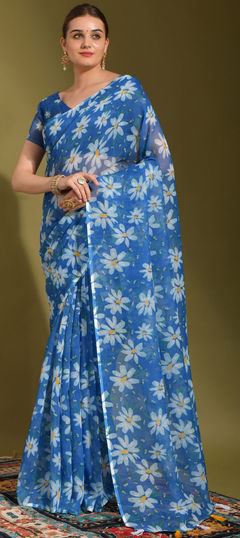 Blue color Saree in Linen fabric with Printed work