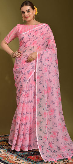 Pink and Majenta color Saree in Linen fabric with Printed work