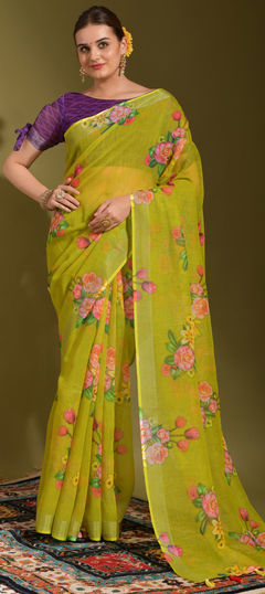 Yellow color Saree in Linen fabric with Printed work