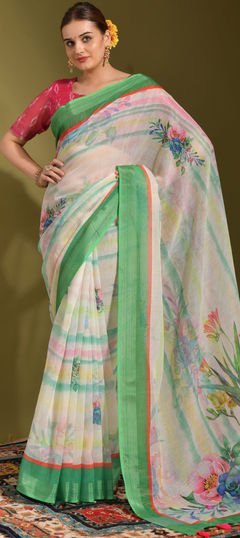 White and Off White color Saree in Linen fabric with Printed work