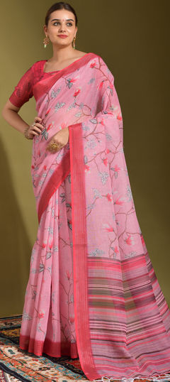 Pink and Majenta color Saree in Linen fabric with Printed work