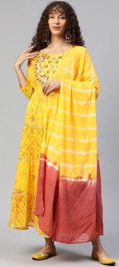 Yellow color Kurti in Cotton fabric with Embroidered, Gota Patti, Printed, Resham, Thread, Zari work