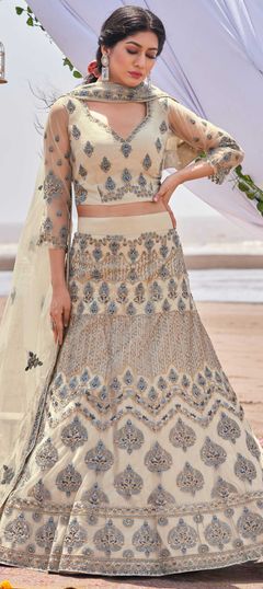 Beige and Brown color Lehenga in Net fabric with Embroidered, Sequence, Thread work