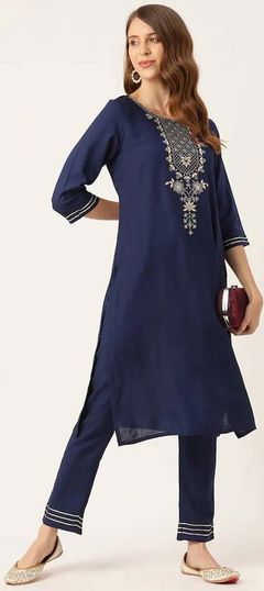 Blue color Tunic with Bottom in Rayon fabric with Embroidered, Gota Patti work