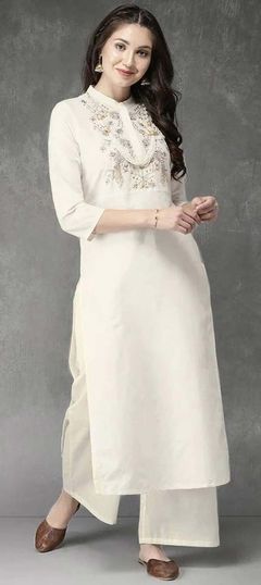 White and Off White color Tunic with Bottom in Rayon fabric with Embroidered, Thread work