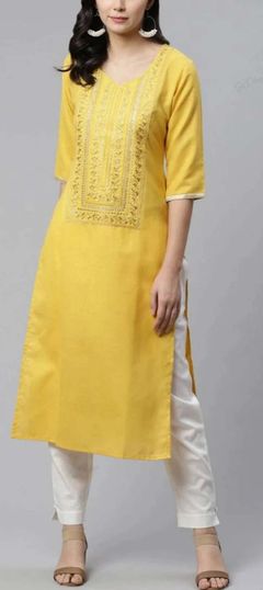 Yellow color Tunic with Bottom in Rayon fabric with Embroidered, Thread work