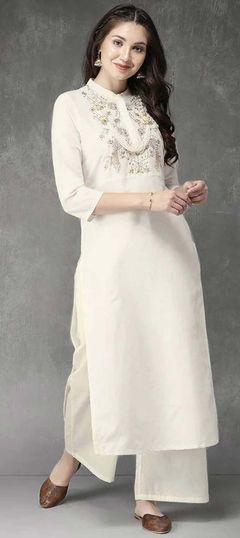 Designer White and Off White color Kurti in Rayon fabric with Long Sleeve, Straight Embroidered, Thread work : 1835560