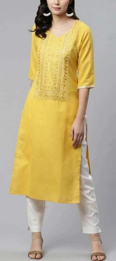 Designer Yellow color Kurti in Rayon fabric with Straight Embroidered, Thread work : 1835561