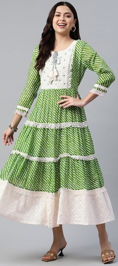 Green color Kurti in Cotton fabric with Embroidered, Resham, Sequence, Thread work