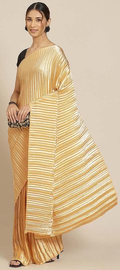 Yellow color Saree in Satin Silk, Silk fabric with Crushed work