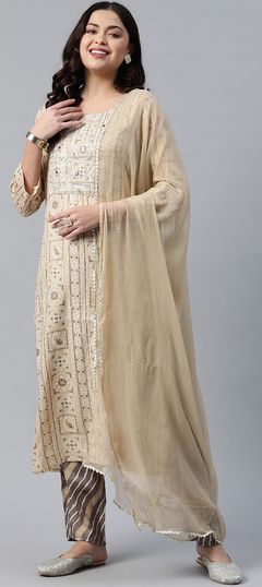 Party Wear Beige and Brown color Salwar Kameez in Muslin fabric with Straight Embroidered, Printed, Thread, Zari work : 1835782