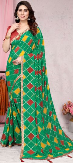 Green color Saree in Georgette fabric with Bandhej, Lace, Printed work
