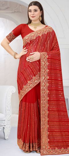 Red and Maroon color Saree in Georgette fabric with Embroidered, Resham, Sequence, Thread, Zari work