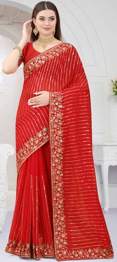 Red and Maroon color Saree in Georgette fabric with Embroidered, Resham, Sequence, Thread, Zari work