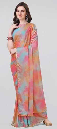 Multicolor color Saree in Chiffon fabric with Foil Print, Lace, Sequence work