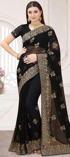 Black and Grey color Saree in Chiffon fabric with Embroidered, Thread, Zari work