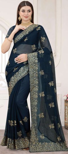 Blue color Saree in Chiffon fabric with Embroidered, Thread, Zari work