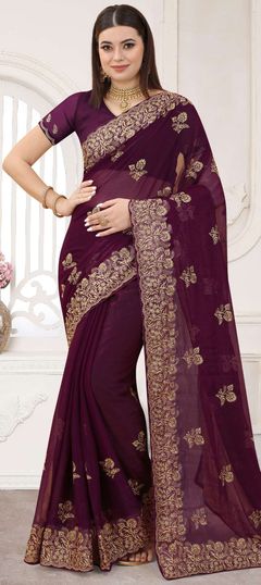 Purple and Violet color Saree in Chiffon fabric with Embroidered, Thread, Zari work