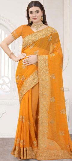 Yellow color Saree in Chiffon fabric with Embroidered, Thread, Zari work