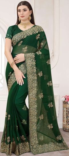 Green color Saree in Chiffon fabric with Embroidered, Thread, Zari work