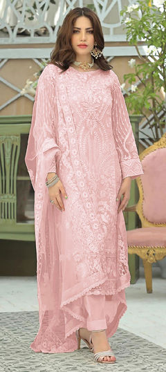 Festive, Party Wear Pink and Majenta color Salwar Kameez in Faux Georgette fabric with Straight Embroidered, Thread work : 1836356