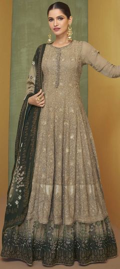 Beige and Brown color Salwar Kameez in Georgette fabric with Embroidered, Sequence, Thread work