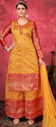 Yellow color Salwar Kameez in Art Silk fabric with Weaving work